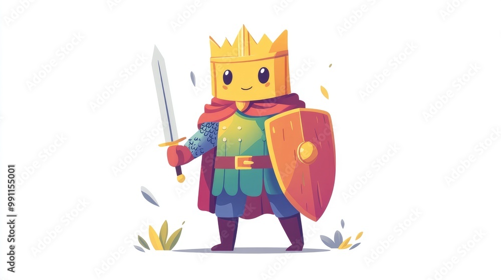 A cute cartoon knight in colorful robes, standing proudly with a sword and shield, ready for adventure and battle A cute cartoon knight in colorful robes, standing proudly with a sword and shield, ready for adventure and battle