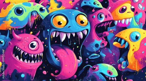 Wallpaper Mural A colorful and playful illustration of a group of cartoon monsters with big eyes and sharp teeth, in various bright colors, against a black background. Torontodigital.ca