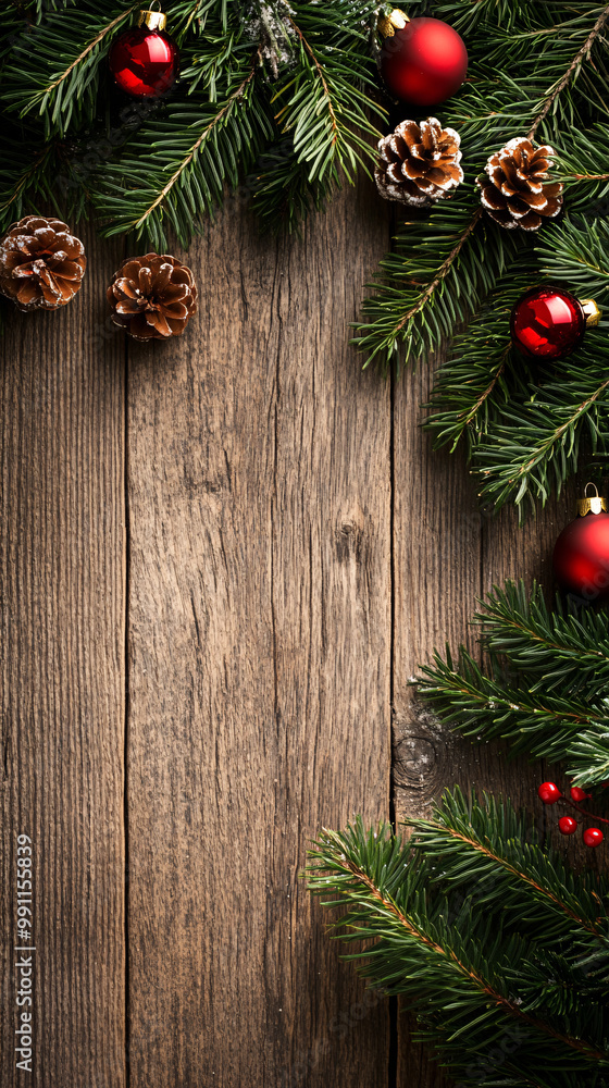 Christmas tree branch decorations framing a wooden table, creating festive and seasonal wallpapers with pine cones, red ornaments, and vibrant greenery. Christmas tree branch decorations framing a wooden table, creating festive and seasonal wallpapers with pine cones, red ornaments, and vibrant greenery.