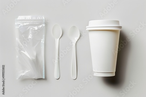 Blank lid pouch bag packaging mockup with coffee cup and spon next to it