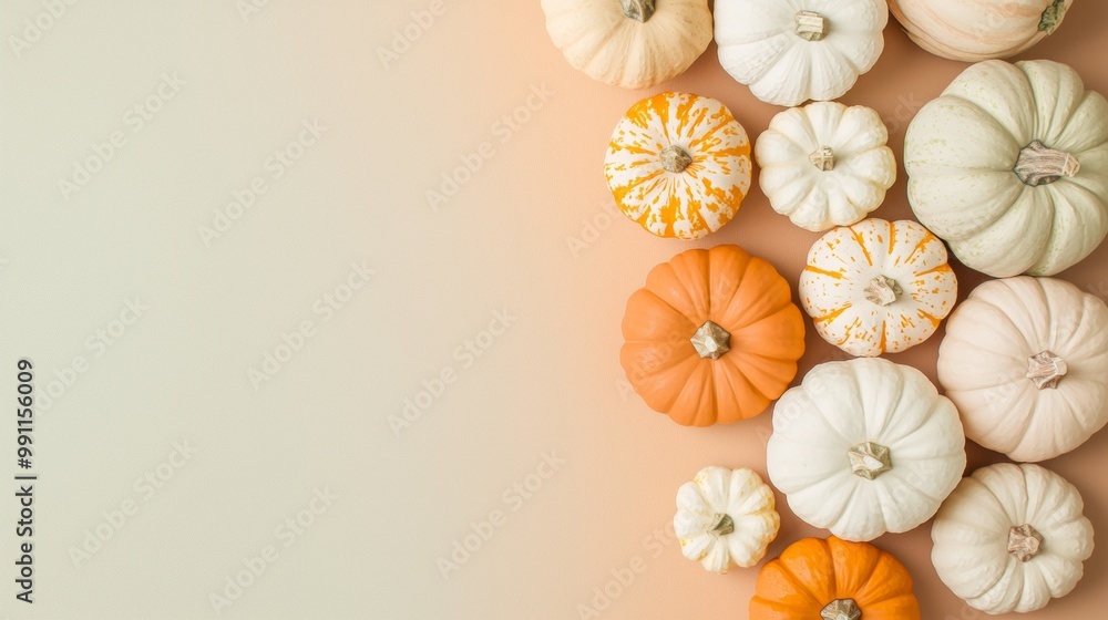 Obraz premium Small pumpkins border on peach background, perfect for autumn themes with copy space