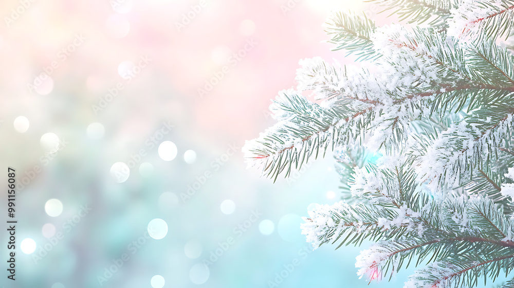 Soft pastel Christmas background with snow-covered pine branches and subtle bokeh lights Soft pastel Christmas background with snow-covered pine branches and subtle bokeh lights