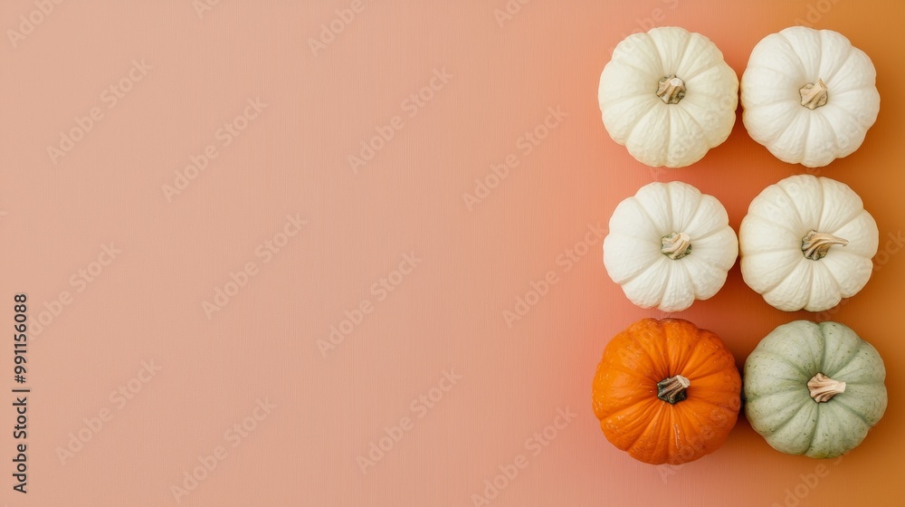 Six small pumpkins are lying on a peach background with empty space to the left, ideal for a thanksgiving or halloween themed advertisement Six small pumpkins are lying on a peach background with empty space to the left, ideal for a thanksgiving or halloween themed advertisement