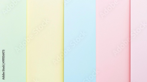 Five vertical pastel paper stripes create a simple and minimalist background with soothing blue, pink, green, and yellow hues. Perfect for creative projects, with ample space for text or graphics