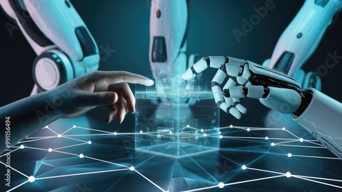 A futuristic scene of a human hand and a robot hand exchanging data on a transparent cube. The cube is connected to a network of abstract lines. The background contains multiple robot arms. The overal photo