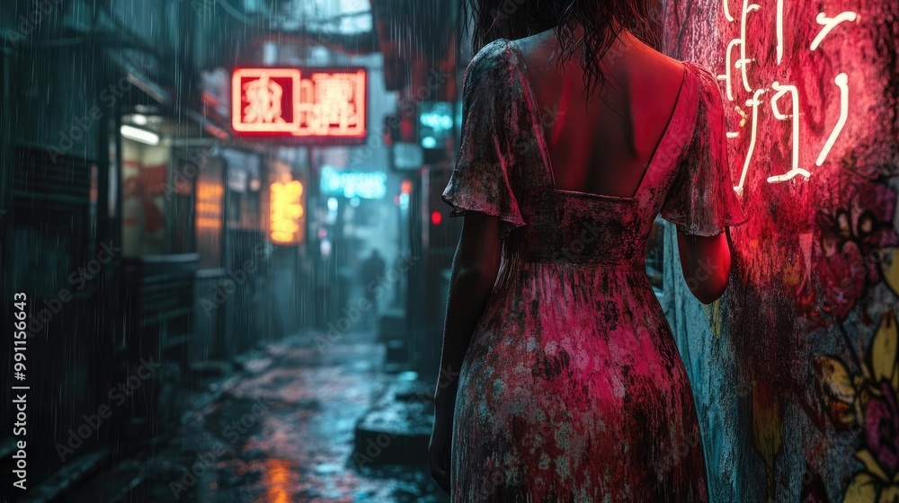 Obraz premium Close-up shot of a vintage dress in a dystopian urban alley, graffiti-covered walls, flickering neon signs