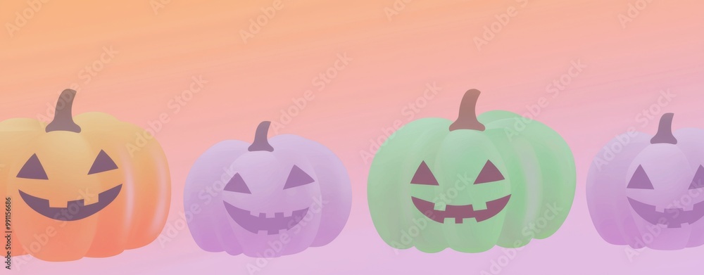 Fototapeta premium Four colorful pumpkins are lined up on a gradient background, creating a festive and playful halloween atmosphere. Perfect for projects related to halloween, autumn, or celebrations