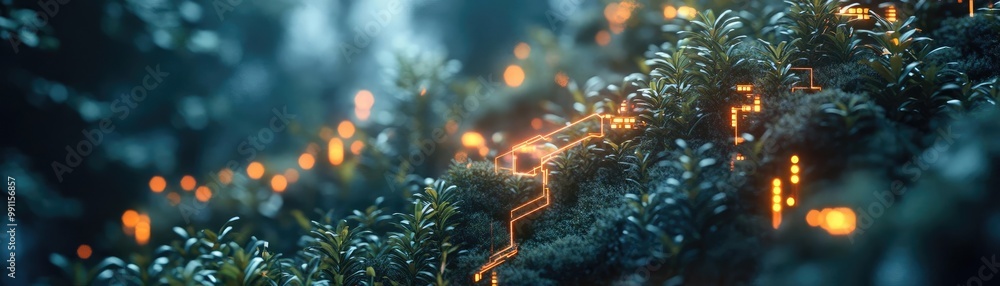 Fototapeta premium Close-up shot of futuristic tech integrated into a serene urban zen garden, vibrant flora and glowing circuits entwined, harmonious design
