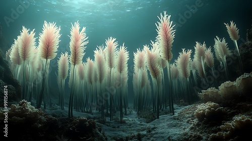 A field of delicate, feathery underwater plants illuminated by sunlight.