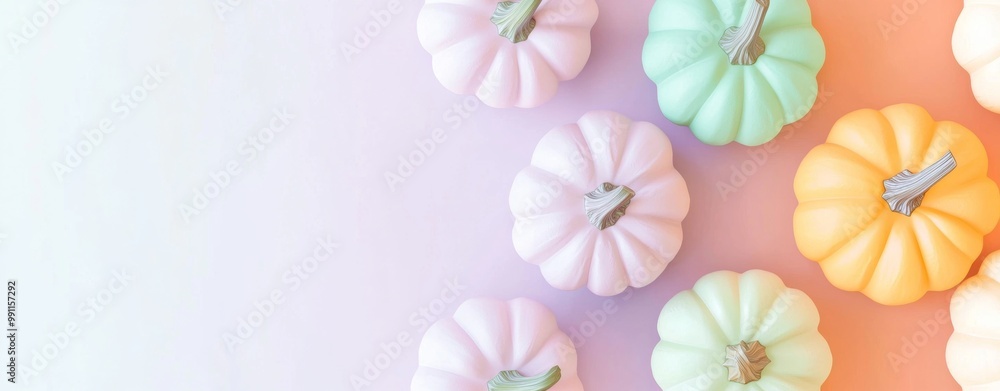 Obraz premium Get into the festive spirit with this autumnal decoration framing a colorful gradient background, perfect for adding your own message. Capture the essence of the season with pumpkins and pastel hues