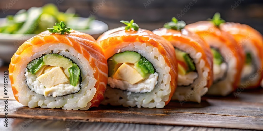 Close-up of homemade sushi roll with salmon, cream cheese, philadelphia, Japanese omelette, cucumber, and wasabi Close-up of homemade sushi roll with salmon, cream cheese, philadelphia, Japanese omelette, cucumber, and wasabi