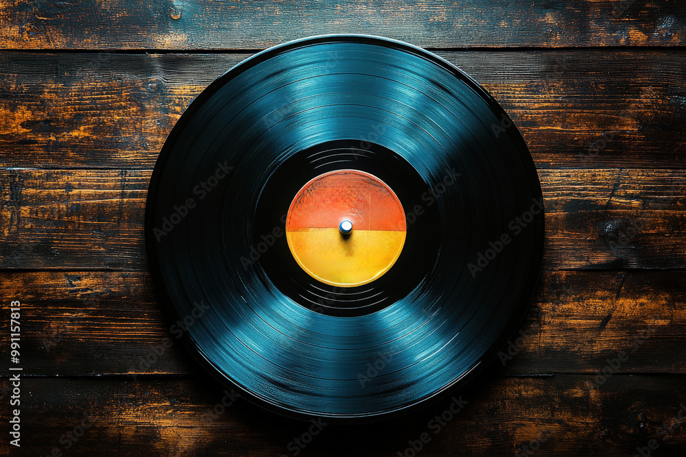 Obraz premium A vibrant vinyl record resting on a rustic wooden surface showcasing its colorful center