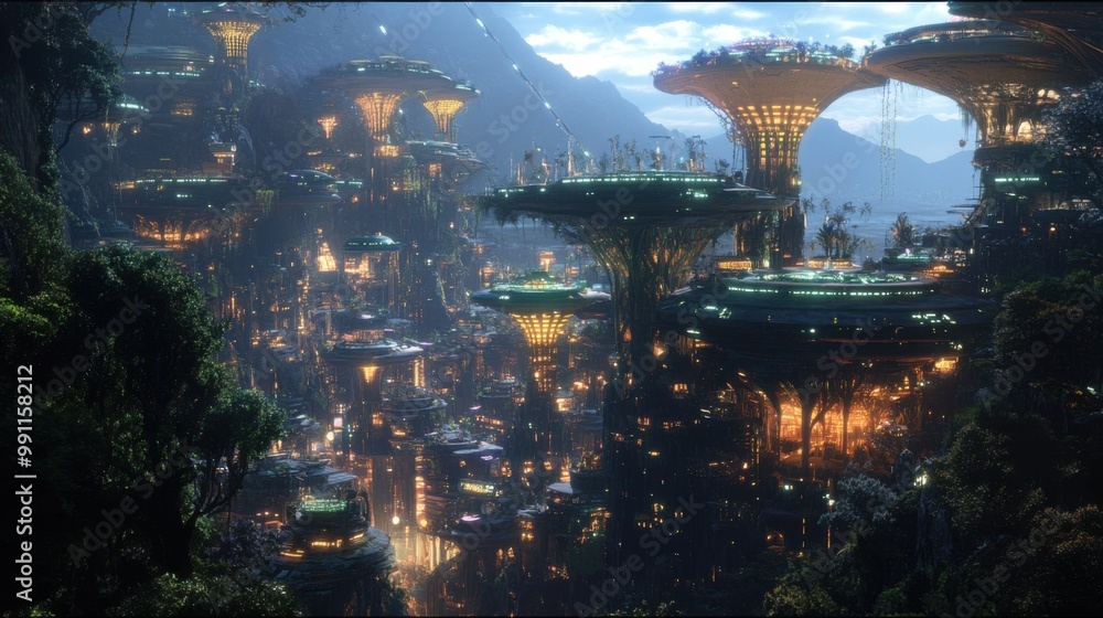 Fototapeta premium In the far future, glowing gardens of bioluminescent plants flourish during the 'hoa hoa hoa season.' 