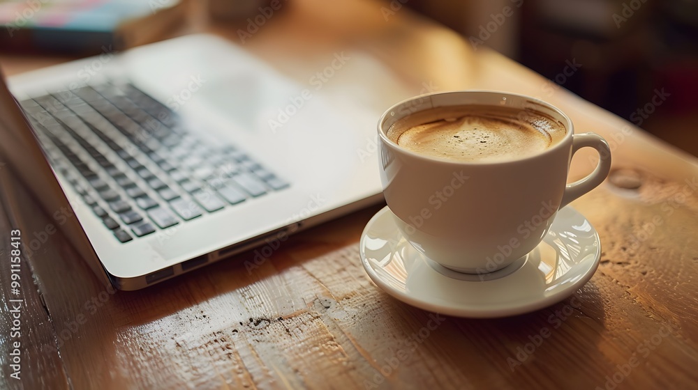 Cozy Workspace with a Cup of Coffee and Laptop on a Table Cozy Workspace with a Cup of Coffee and Laptop on a Table