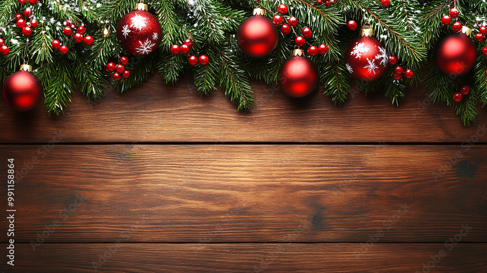 Christmas tree branch decorations framing a wooden table, creating festive and seasonal wallpapers with pine cones, red ornaments, and vibrant greenery. Christmas tree branch decorations framing a wooden table, creating festive and seasonal wallpapers with pine cones, red ornaments, and vibrant greenery.