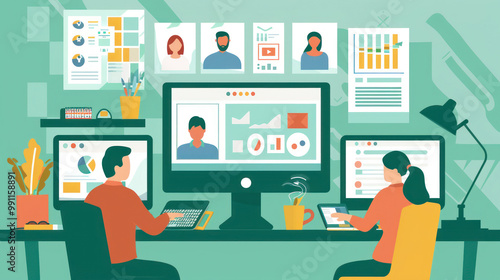 A business team in a virtual meeting, using remote work tools like shared documents, task management platforms, and video conferencing software.