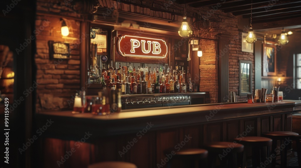 interior of evening pub. beer on the table in the evening bar interior of evening pub. beer on the table in the evening bar