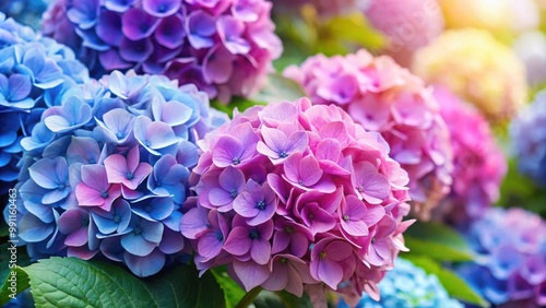 Vibrant display of pastel hued hydrangea flowers in shades of pink, blue, and violet showcasing natural beauty and floral elegance