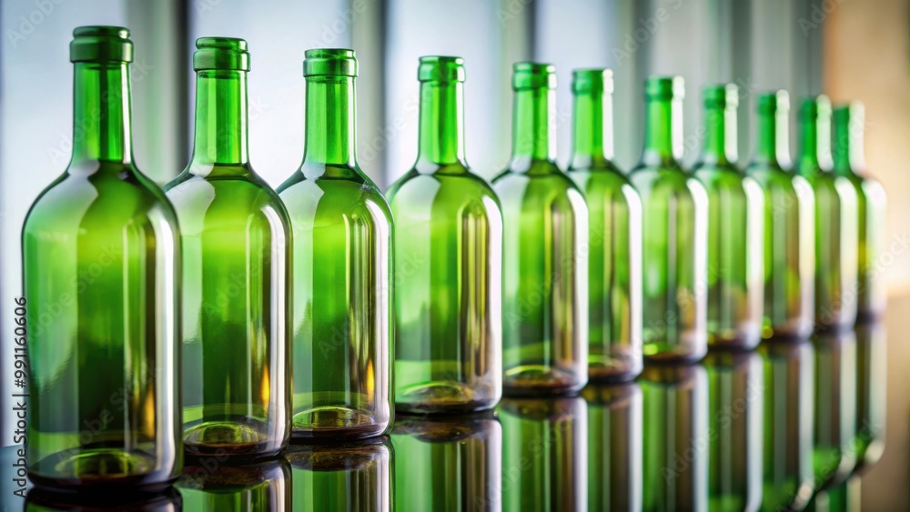Row of green glass empty wine bottle necks reflected in mirror Row of green glass empty wine bottle necks reflected in mirror