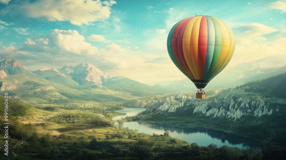 A colorful hot air balloon floats above a lush green valley with a winding river and mountain range in the distance. A colorful hot air balloon floats above a lush green valley with a winding river and mountain range in the distance.