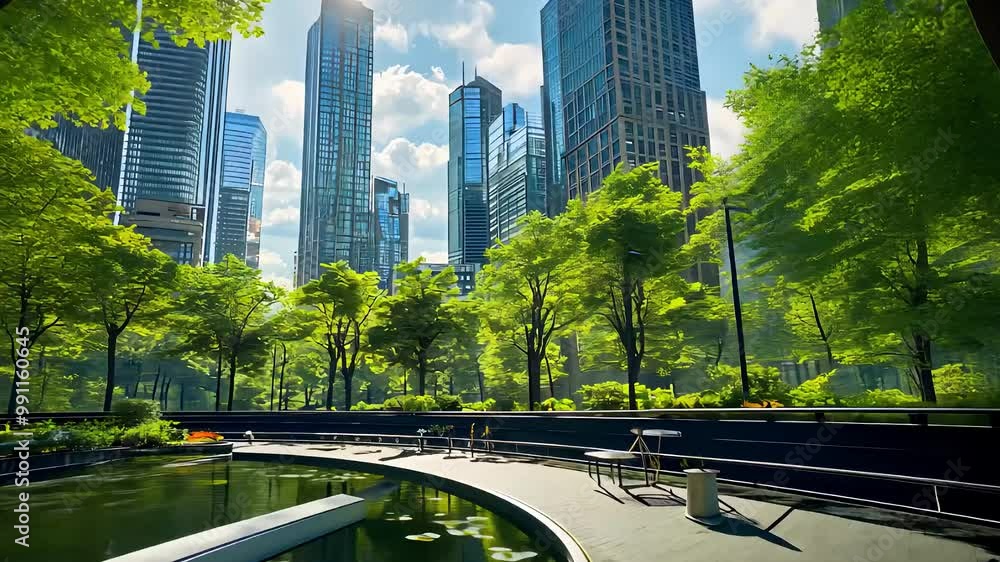 Urban park surrounded by modern skyscrapers, blending green nature with ...