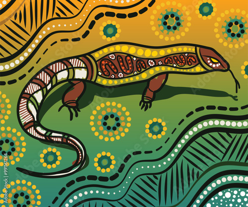 Aboriginal-style dot artwork featuring a goanna