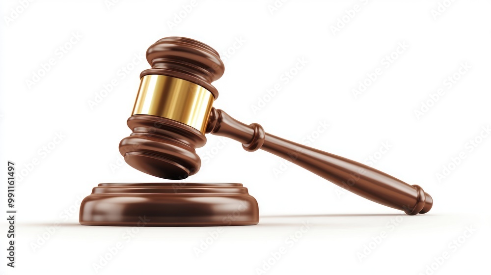 A wooden gavel with a golden band rests on its block, isolated on a white background.