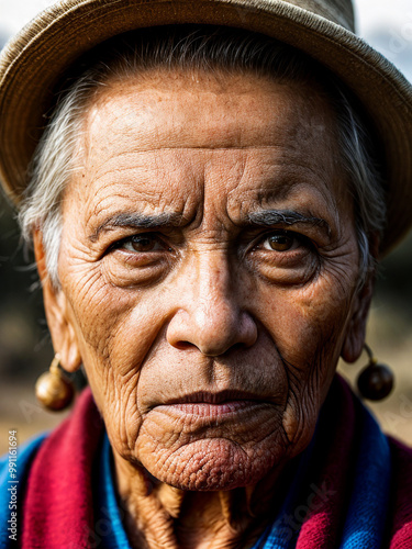 Powerful portrait of indigenous elder, highlighting cultural richness and ancestral knowledge.