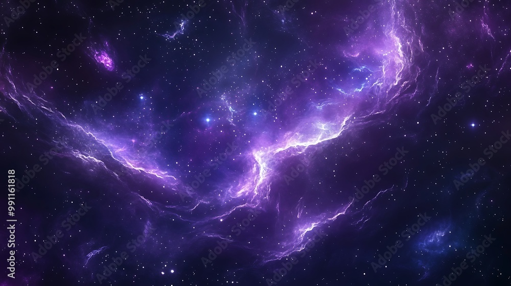 Naklejka premium A mesmerizing cosmic scene featuring vibrant purple nebulae and sparkling stars, depicting the beauty of deep space.