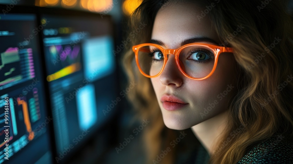 Close-up of a woman with orange glasses looking at a computer screen, focused on data. Close-up of a woman with orange glasses looking at a computer screen, focused on data.