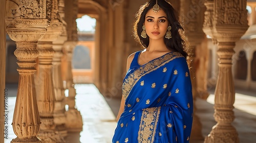 A woman in a royal blue silk saree with gold embellishments, gracefully posing in a traditional Indian palace courtyard,