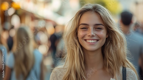 blonde woman with a big smile in a crowd at a public event, embracing the fun and excitement of a social gathering, filled with vibrant energy and happy interactions