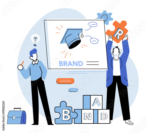 Brand building vector illustration. Personality, soul, breathes life into structure brand, defining its character Creation, masterpiece, unfolds as brand building transforms ideas into tangible