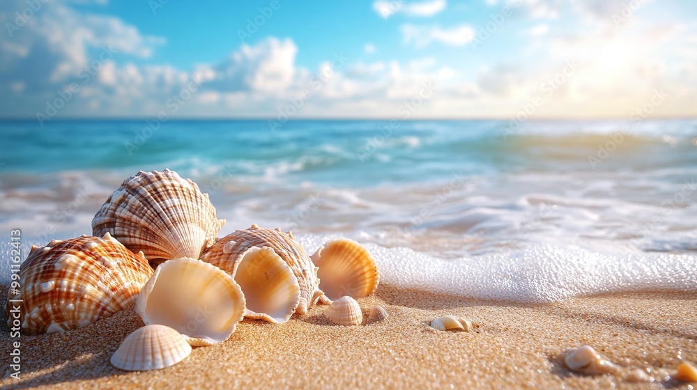 seashells lying on the sandy beach with the ocean and horizon in the background, a tranquil and picturesque scene of marine life and coastal relaxation in a peaceful environment seashells lying on the sandy beach with the ocean and horizon in the background, a tranquil and picturesque scene of marine life and coastal relaxation in a peaceful environment