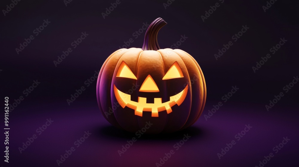 Carved pumpkin with glowing eyes and mouth is sitting on a purple background, providing spooky vibes for the halloween season Carved pumpkin with glowing eyes and mouth is sitting on a purple background, providing spooky vibes for the halloween season