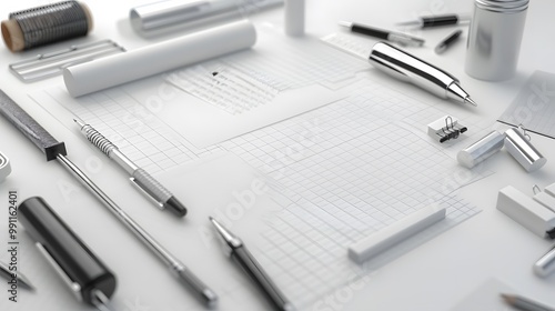 3D Rendering of a Desk with Office Supplies and Blank Copy Space for Business Use