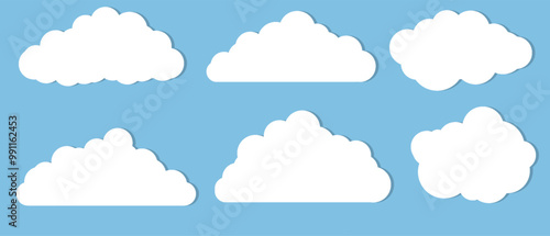 Set of white cloud illustrations. Clouds in sky blue, vector clouds over sunrise, Vector landscape nature sunrise in Winter, sunset.