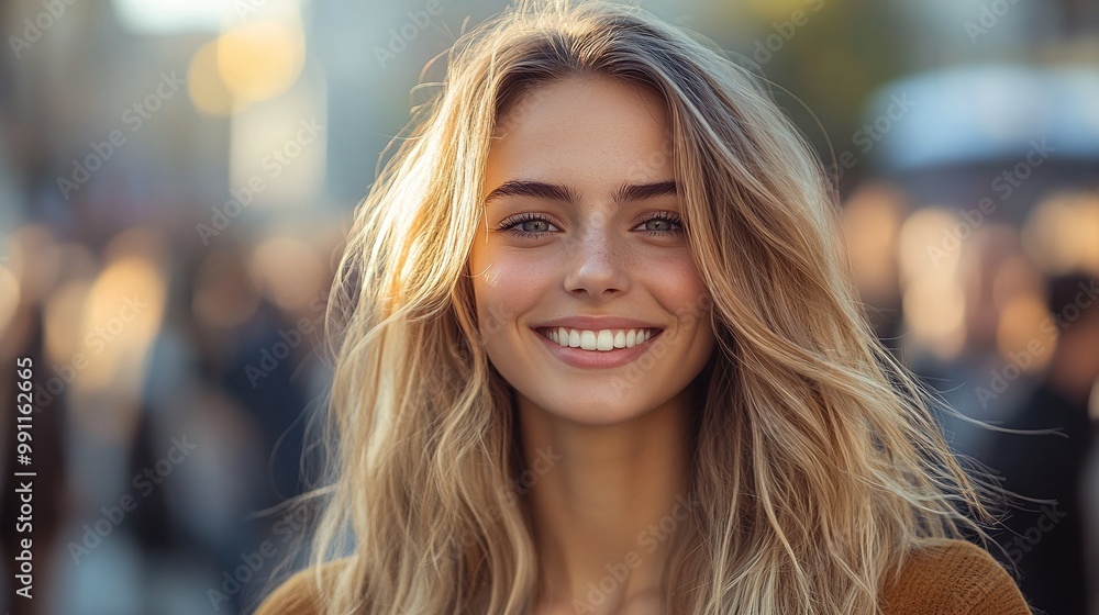 Obraz premium blonde woman with a big smile in a crowd at a public event, embracing the fun and excitement of a social gathering, filled with vibrant energy and happy interactions