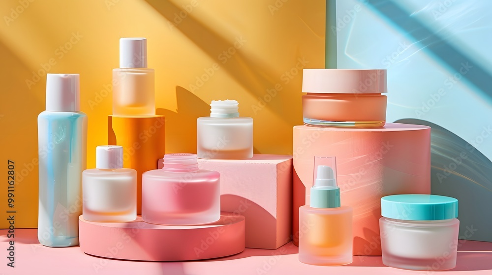 Elegant Collection of Skincare Products Set Against a Soft Background Elegant Collection of Skincare Products Set Against a Soft Background