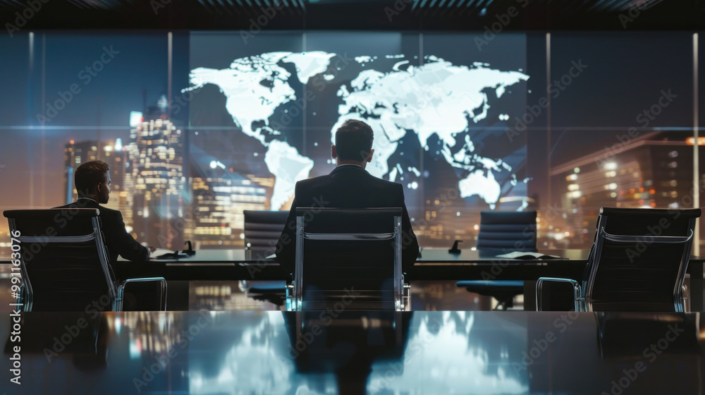 custom made wallpaper toronto digitalA CEO seated at the head of a sleek boardroom table, leading a discussion on international growth strategies with a global map projection on the screen behind them.