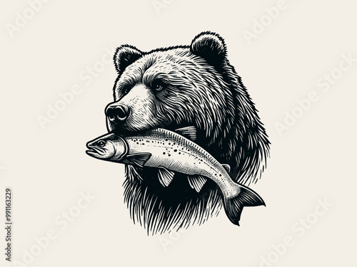 bear carrying a big fish on mouth. grizzly and salmon. fishing. Vintage retro hand drawn sketch illustration. Black icon, isolated element	