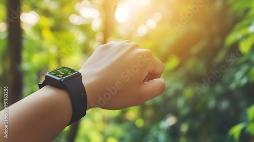 Person checking smartwatch against lush green background in natural light. photo