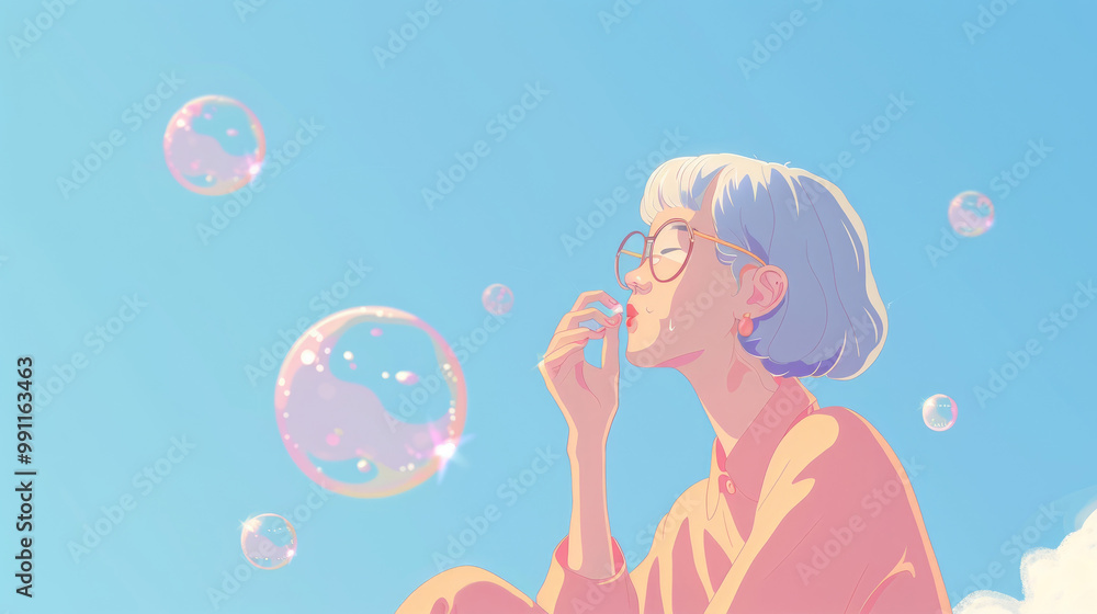 A young woman with glasses sits outdoors on a bright day, blowing soap bubbles and enjoying the warm sunshine under a clear blue sky A young woman with glasses sits outdoors on a bright day, blowing soap bubbles and enjoying the warm sunshine under a clear blue sky
