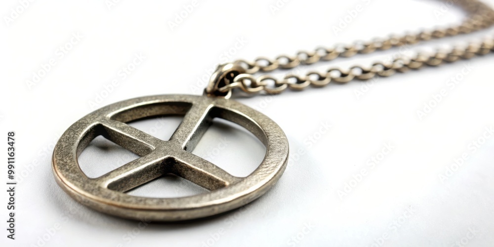 A close-up shot of a worn metal peace sign necklace on a white background A close-up shot of a worn metal peace sign necklace on a white background