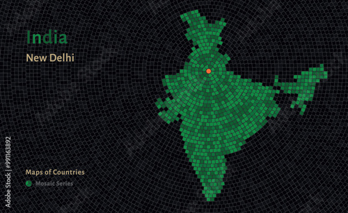 India Bharat Map with a capital of New Delhi Shown in a Mosaic Pattern