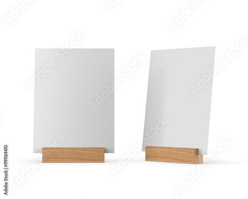 Blank table talkers promotional upright menu table tent top sign holder table menu and qr card display stand picture frame for mock up and template design. 3d render illustration. photo