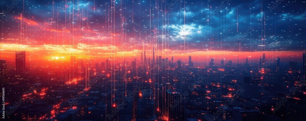 Fototapeta premium Futuristic skyline illuminated by drones, vibrant city lights reflecting off metallic surfaces, high-tech urban exploration scene