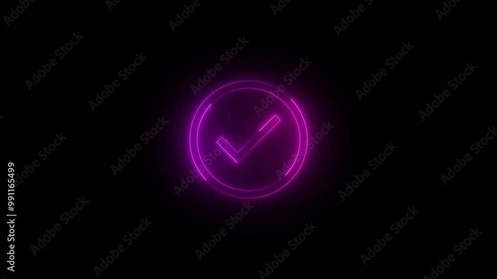 Neon completed icon pink glowing black background animation Neon completed icon pink glowing black background animation