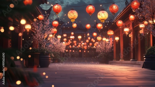 A peaceful scene of glowing lanterns hanging over a traditional Chinese courtyard, surrounded by New Year banners and decorations.