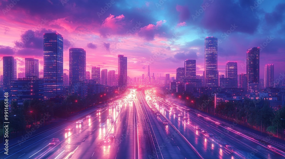 urban cityscape with an evening highway and light traffic, surrounded by modern skyscrapers and illuminated roads, highlighting the architectural beauty and efficient infrastructure of the city urban cityscape with an evening highway and light traffic, surrounded by modern skyscrapers and illuminated roads, highlighting the architectural beauty and efficient infrastructure of the city